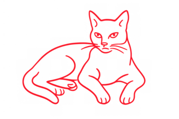 Red line art drawing of a domestic cat resting, simple minimalist graphic design feline outline illustration with a transparent background