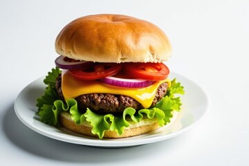 Overhead view of burger with cheese and toppings on white , cheese, commercial, fast food