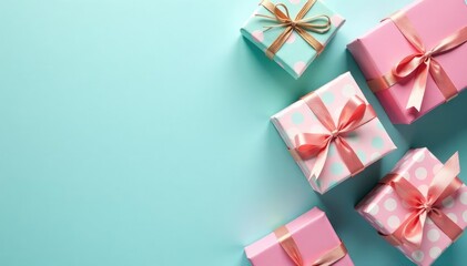 Pastel colored gift boxes, dotted paper, twine bows, sweet, cheerful, texture