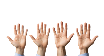Creative representation of four hands reaching upwards isolated focusing on hand, hands, human ideal for branding,