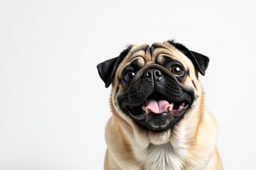 Pug dog, head tilted, playful expression, white backdrop, puppy, background