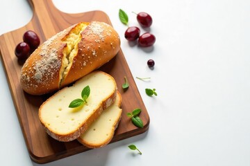 Rustic Italian bread, olives, cheese on white , mediterranean, delicious, focaccia