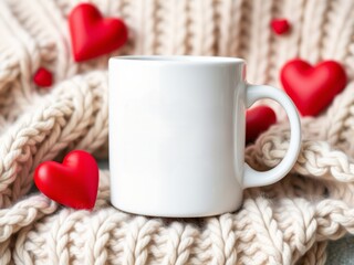 Cozy white mug surrounded by red hearts on a warm knitted blanket, perfect for valentine's day or romantic themes. 120 characters