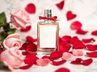 Elegant glass perfume bottle with red ribbon, surrounded by pink roses and scattered red rose petals, symbolizing romance and luxury.