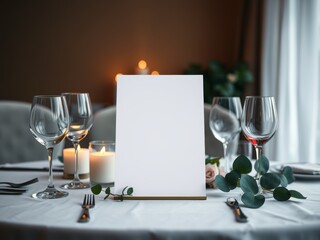 Elegant restaurant table setting with an empty white menu tent card, surrounded by wine glasses, lit candles, and subtle botanical decor.