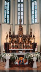 Jakarta, Indonesia - 12 December 2025: Majestic interior view of the Jakarta Cathedral, featuring the elaborately decorated central altar and the towering Neo-Gothic stained glass windows
