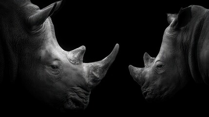 Dramatic black and white close-up of two rhinos facing each other with imposing horns