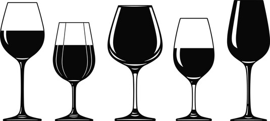 Elegant wine glass silhouettes with different shapes and styles featuring red wine fill, vector illustration for bar, restaurant and celebration themes