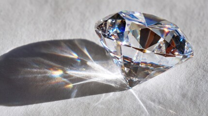 Sparkling diamond casts geometric light shadows on white surface, shimmering brightly