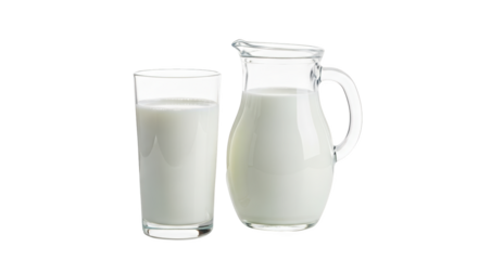 High quality image of fresh white milk in glass and pitcher on clean white background representing