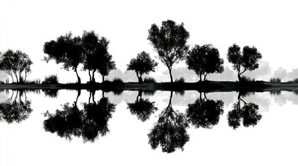 Silhouetted trees reflected on calm water, creating mirrored, monochrome landscape view