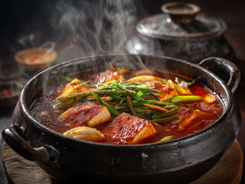 Korean spicy fish stew (Maeuntang) with tofu and vegetables, traditional metal pot, steam rising