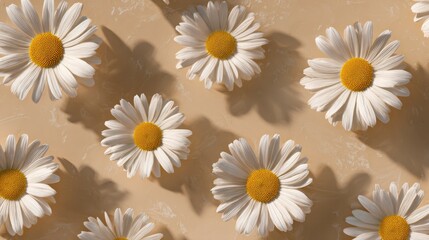 Pattern of white daisies with yellow centers against a textured beige surface