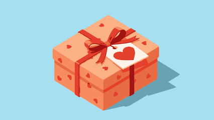 Isometric Gift Box With Red Ribbon And Heart Pattern On Blue Background Keywords: gift, present, box, ribbon, bow, heart
