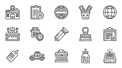 Office And Business Icons With Clipboard Globe Stamps And Car In Line Art vector illustration