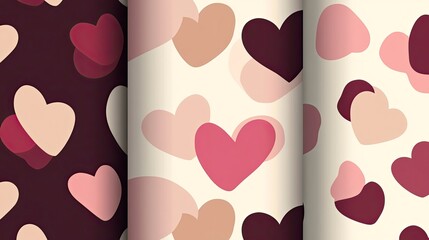 Three repeating heart patterns in varying shades of pink and beige on a white background, and a dark brown background