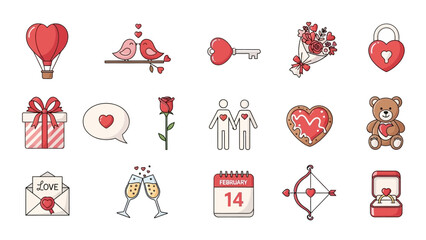 Valentine's Day Icons Set Including Hot Air Balloon Doves Key Bouquet And Calendar Keywords: valentine, love, heart, romance