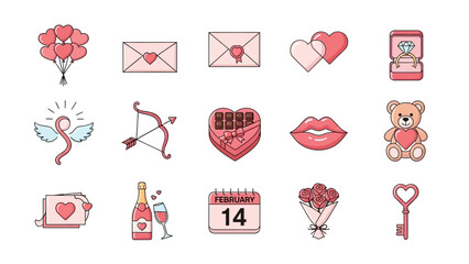 Valentine's Day Icons with Balloons Hearts Champagne Rose and Teddy Bear Keywords: valentine's day, love, heart, balloons