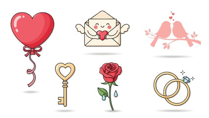 Valentine's Day icons with heart balloon, envelope, birds, key, rose, and rings Keywords: valentine, love, romance, heart