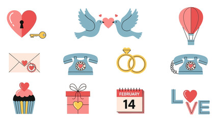 Valentine's Day Icons with Heart Lock Birds Hot Air Balloon Phone and Rings Keywords: valentine's day, love, heart, lock, key