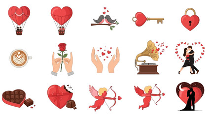 Valentine's Day Icons With Couples Hot Air Balloons Cupid And Romantic Elements love heart