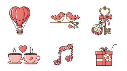 Valentine's Day Icons with Hot Air Balloon Birds Coffee Cups Music Notes and Gift Keywords: valentine's day, love, heart, hot