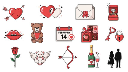 Valentine's Day Icons with Hearts Teddy Bear Rose Champagne and Couple Keywords: valentine's day, love, heart, cupid, arrow