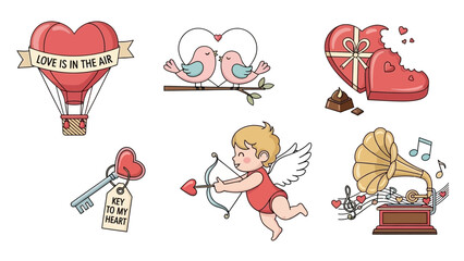 Valentine's Day Illustrations with Cupid, Birds, Gramophone, and Heart Hot Air Balloon Keywords: valentine, love, heart
