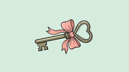 Vintage Key with Heart Shape Bow and Pink Ribbon on Light Green Background Keywords: key, heart, shape, bow, ribbon, pink