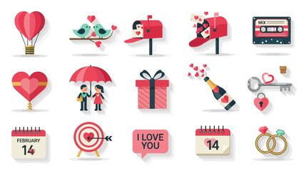 Assortment of Valentine's Day Icons with Hot Air Balloon, Mailbox, and Rings Keywords: valentine's day, love, heart, hot air