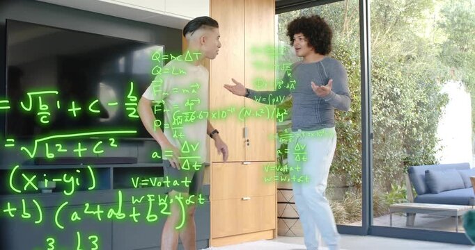 Two men talking in living room, squatting hand-slap greeting while green math equations appearing