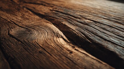 Close up of weathered woodgrain with visible knot in rustic, brown surface