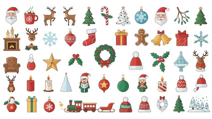 Assortment of Christmas Icons Featuring Santa, Reindeer, Trees, and Gifts Keywords: christmas, holiday, festive, icon, symbol