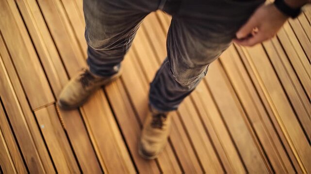 Overhead View of a Person Standing on Wooden Decking with Jeans and Boots