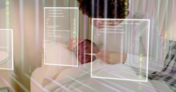 Mother noticing sick child, leaning on bed, checking fever with temp sensor while health UI overlay