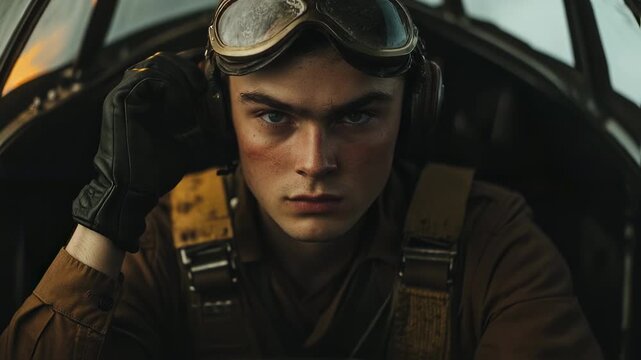 Dramatic portrait of a young aviator inside a vintage aircraft cockpit
