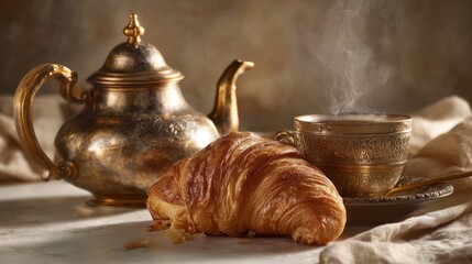 Golden teapot, steaming coffee cup, and croissant on linen; still life photography