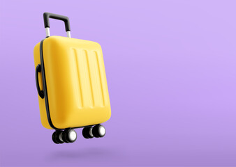 Vector 3D realistic yellow travel suitcase, cabin luggage. 3D realistic icon, travel concept. Vector illustration