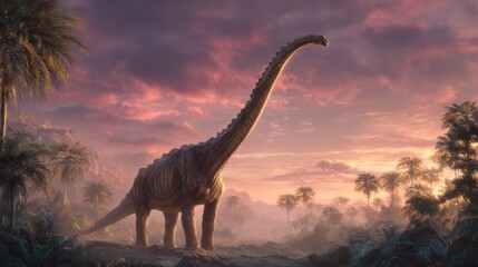 A colossal herbivore, silhouetted against a dramatic sunset. Palm trees and dense fog populate the scene
