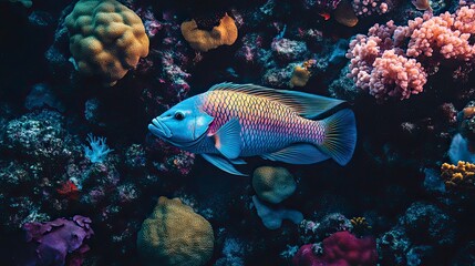 Fototapeta premium Vibrant coral reef scene with a colorful fish