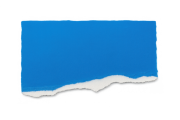 Torn blue paper piece with textured edge, blank ripped note template on transparent background