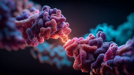 Two complex protein chains interacting to illustrate biochemical bonding, molecular dynamics and scientific innovation.
