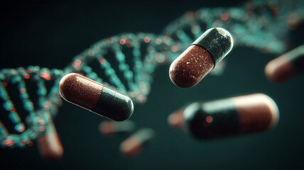 A group of capsules floating near a DNA strand symbolizing genetic medicine and future medical innovation.
