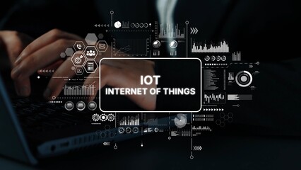 Modern Technology Concept Depicting Internet of Things with Data Visualization and Hands on Laptop in Professional Setting. Asymptotic smart data analytic.