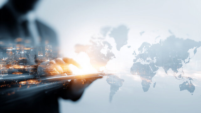 A digital tablet gesture symbolizing global connectivity, strategic worldwide communication and modern technological expansion.
 - Powered by Adobe