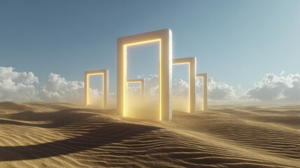 Open white portal archways glow in a sandy desert under a bright blue sky