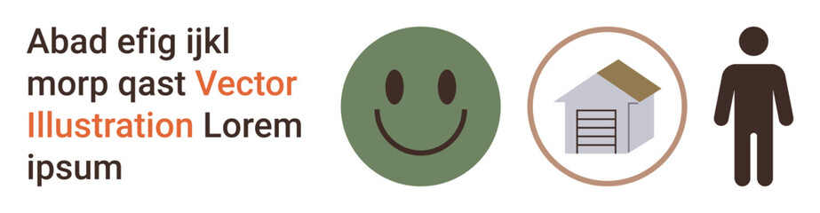 Communication, emotion, housing, identity, text, minimalism. happy face, house icon and human figure with text. Emotion and housing concept using simplified visual elements