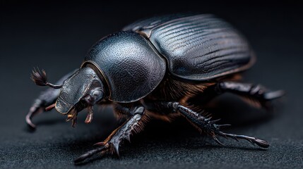 Macro shot showing iridescent, textured exoskeleton and spiky legs against a dark backdrop