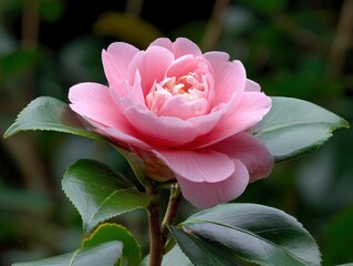 A pink camellia bloom its petals open surrounded by glossy green leaves and a brown stem