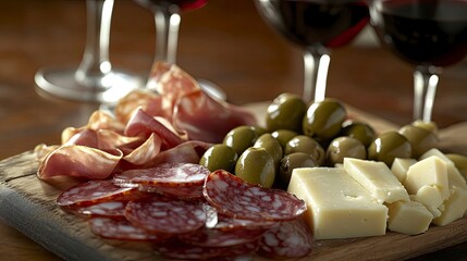 Wooden board with cured meats, cheese, and olives, accompanied by glasses of red wine